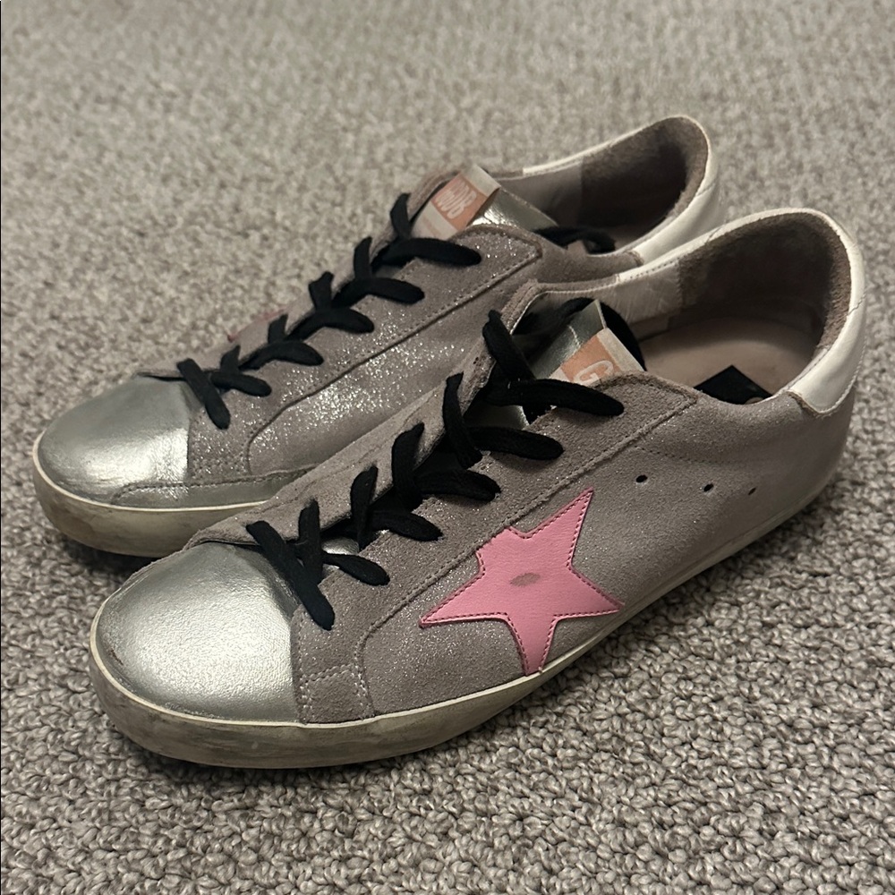 Golden Goose Superstar Silver Suede Glitter & Pink Star Size 39 Great Condition!